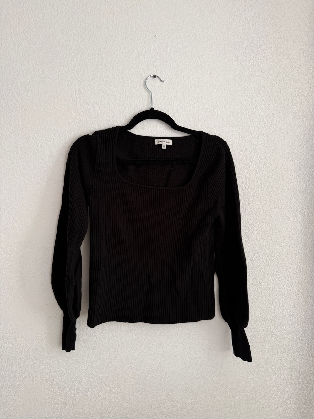 Another Love Black Ribbed Square Neck Long Sleeve Top